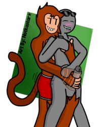 2017 anaon anthro biting_lip boxer_briefs clothed clothing duo english_text eyewear fur hair handjob male male_only mammal monkey notkastar_(artist) penis primate reach_around sex simple_background sketch smile sunglasses text underwear vertical_bar_eyes