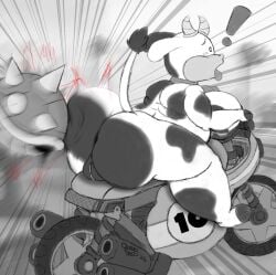 2025 anthro artist_name ass bell bell_collar big_breasts big_butt bodily_fluids bovid bovine breasts butt_jiggle cattle clitoris cloven_hooves collar cow_(mario) cowbell cowbell_collar dairy_cattle dated detailed_background dot_eyes exclamation_point eyebrows female fur genitals hi_res holstein_friesian_cattle hooves horn insecureflaky jiggling mach_bike mammal mario_(series) mario_bros mario_kart mario_kart_world markings monochrome moo_moo_(mario) moo_moo_meadows_cow motion_lines motorcycle nintendo nipples open_mouth pussy radial_speed_lines riding_motorcycle shell signature simple_eyes sitting solo speed_lines spiked_shell spikes spikes_(anatomy) spiny_shell_(mario_kart) spots spotted_body spotted_fur surprised tail tail_tuft tears tears_of_pleasure text tongue tongue_out tuft vehicle vulva