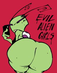 1girls alien alien_girl antennae_(anatomy) ass ass_focus bent_over big_ass bottom_heavy bubble_butt cellphone fat_ass female female_only green_skin huge_ass invader_zim irken large_ass looking_at_viewer looking_back massive_ass nanodude78 nude nude_female phone purple_eyes red_background selfie shortstack solo tak_(invader_zim) text thick_ass thick_thighs wide_hips
