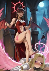 2girls abs ai_generated angel angel_wings bat_wings corruption demon_girl feet female femdom lesbian_domination light-skinned_female long_toenails multiple_females multiple_girls soles succubus succubus_tattoo toes tongue_out yuri