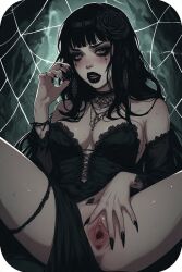 ai_generated ai_generated_image black_hair black_makeup black_rose female female_only pussy pussy_spreading spider_queen spread_legs
