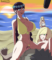 1boy 3girls abs aether_foundation alolan_golem bangs beach bikini black_hair blonde_hair blue_eyes bosomancer bra breasts cleavage clothed collarbone cowgirl_position elesa_(pokemon) golem golem_(pokemon) green_eyes hair_ornament human interspecies large_breasts licking_lips lillie_(pokemon) long_hair lusamine_(pokemon) monster nintendo ocean panties panties_aside penis pokemon pokemon_bw pokemon_sm pokephilia riding sex short_hair smile straight sunset sweat swimsuit thighs thong thong_aside vaginal_penetration veins veiny_penis very_long_hair