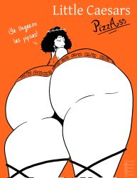 1girls big_cleopatra black_hair fat_ass hexpaul little_caesars meme meme_reference spanish_text text white_body white_skin