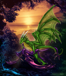 4_toes 5_fingers anthro breasts detailed_background digitigrade dragon duo female green_scales male membranous_wings non-mammal_breasts nude purple_scales scales selianth sex sky smile spines straight sun toes water wings