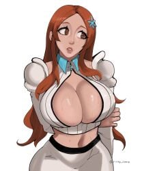1girls about_to_burst barely_contained barely_contained_breasts barely_fits big_breasts bleach bleach:_the_thousand-year_blood_war breasts breasts_bursting_out breasts_too_big brown_eyes bursting_breasts cleavage female female_only hair_ornament huge_breasts imminent_wardrobe_malfunction inoue_orihime lips long_hair looking_at_viewer midriff navel niray_sama parted_lips solo straining_clothing striped tight_fit too_tight undersized_clothes undersized_clothing vertical_stripes