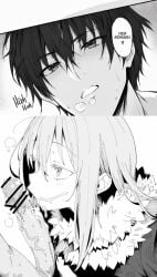 1ambiguous 1boy anos_voldigoad black_hair blowjob censor_bar censored_penis cum_in_mouth cum_on_face cum_on_penis demon encouragement erect_cock half-closed_eyes heart licking licking_penis manga_style maou_gakuin_no_futekigousha neck_fluff neckwear powerscaling rimuru_tempest slime slime_monster steam sweat sweating tensei_shitara_slime_datta_ken veiny_penis