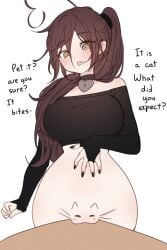 ahoge animal_print bare_shoulders black_nails black_sweater blush bodypaint bottomless breasts brown_eyes brown_hair cat_print commentary do_you_want_to_pet_my_cat_(meme) english_commentary female fingernails hand_on_own_stomach heart heart-shaped_lock heart_ahoge heart_collar heart_in_eye highres indie_virtual_youtuber large_breasts long_hair long_sleeves meme nail_polish navel oerba_yun_fang open_mouth ponytail simple_background skin_fang sky_(skyaboveme) skyaboveme solo sweater symbol_in_eye thighs virtual_youtuber white_background