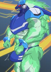 abs absurd_res alien anthro anthro_only armor barazoku biceps big_bulge big_muscles blue_clothing blue_underwear bulge capcom clothing cybernetics cyborg detailed_bulge em_being geryorias glowing glowing_body green_body hi_res machine male male_only mega_man_(series) mega_man_star_force muscular muscular_anthro muscular_male nipples omega-xis open_mouth red_eyes solo underwear