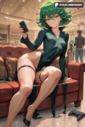1boy 1girls 2025 ai_assisted ai_generated anime artist_name black_dress black_footwear breasts closed_mouth controller couch covered_navel covered_nipples curly_hair dress game_controller green_eyes green_hair hi_res high_heels high_quality high_resolution highres indoors legs long_sleeves looking_at_viewer no_panties patreon patreon_username petite short_hair sitting small_breasts stable_diffusion tatsumaki thigh_strap watermark