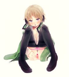 black_legwear blush brown_hair candy censored female full_body headphones heart heart_censor high_heels jacket knees_up lollipop looking_at_viewer mouth_hold open_clothes open_jacket open_mouth osano_rui panties panty_pull pantyhose pantyhose_pull purple_eyes pussy shirt shoes short_hair simple_background sitting solo spread_pussy tsukumo_kaname white_background world_trigger