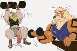 akachionmain anthro arcanine balls beard big_balls big_muscles big_pecs big_penis blonde_hair blood blush bodily_fluids canid canine clothing dripping dumbbell duo exercise facial_hair fluffy fluffy_tail footwear footwear_only fur gay generation_1_pokemon genital_fluids genitals gym hair hi_res huge_balls huge_cock humanoid_genitalia humanoid_penis hyper hyper_genitalia hyper_penis idiot innocent male male/male male_only mammal mostly_nude muscular muscular_anthro muscular_male nintendo nosebleed orange_body orange_fur pecs penis penis_poking_out penis_through_leghole pokemon pokemon_(species) precum precum_drip shirt tail tank_top topwear underwear weightlifting weights workout