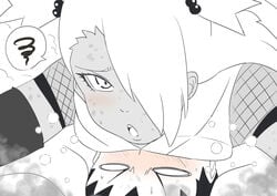 1boy 1girls akimichi_chouchou black_and_white blush boruto:_naruto_next_generations breast_press breasts breasts_on_face clothing eeshin_(eishin5584) empty_eyes eyelashes hair_over_one_eye heavy_breathing looking_at_viewer nara_shikadai naruto partially_colored small_breasts sweat