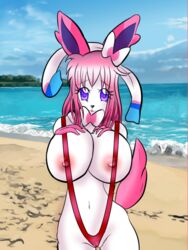 1girls ass beach big_ass big_breasts bikini breasts canine clothing eeveelution female female_only furry large_hips nintendo pokemon pokemon_mystery_dungeon pokemon_xy pokemorph seaside solo swimsuit sylveon video_games whitemagetifa