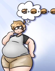 1boy fat glasses hamburger morbidly_obese obese overweight shorts simple_background thinking thought_bubble