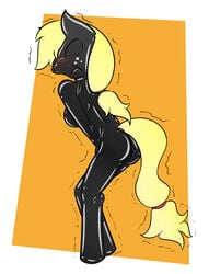 anthro applejack_(mlp) bondage bound breasts clothing costume equine female friendship_is_magic horse mammal my_little_pony rubber skyspeardw solo straight_hair suit