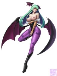 1girls aqua_hair areolae arm_grab bare_shoulders bat_print bat_wings black_boots blue_hair boots breasts bridal_gauntlets capcom cleavage clothing darkstalkers demon demon_girl eyeshadow female female_only folded_leg full_body fur_trim gauntlets green_eyes green_hair head_wings high_resolution highleg highleg_leotard hips large_breasts legs legwear leotard limdog limgae long_hair makeup matching_hair/eyes medium_breasts morrigan_aensland nipples open_mouth pantyhose parted_lips print_legwear print_pantyhose purple_legwear red_lips saliva shoes solo succubus thighs tiptoes tongue tongue_out very_long_hair white_background wings