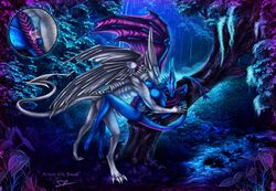 anthro blue_scales breasts cum cum_in_pussy cum_inside detailed_background digitigrade dragon duo female grass grey_scales horn male night nipples outside penetration scales selianth sex spines straight tree vaginal_penetration