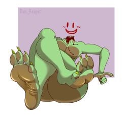 alternate_color anthro anthro_male ass blood_splatter blush curvy dark_skin dark_skinned_male dipsy dipsy_(slendytubbies) feet feet_focus femboy foot_fetish gay glistening_feet green_fur headless headless_male male male_only slendytubbies slendytubbies_3 teletubbies yellow_claws