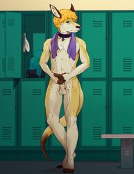 2017 anthro background blonde_hair blue_eyes collar color edesk furry furry_only kangaroo locker_room male male_only mammal marsupial nude penis pose short_hair smile solo standing towel_around_neck uncensored