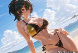 ai_generated bare_shoulders beach bikini black_bikini black_hair blue_sky blush breasts cleavage closed_mouth cloud collarbone cowboy_shot day dutch_angle earrings female hair_between_eyes hand_on_own_hip highleg highleg_bikini horizon jewelry large_breasts looking_at_viewer meitabuu mole mole_under_eye multicolored_hair navel ocean outdoors ponytail red_eyes red_hair side-tie_bikini_bottom sky smile solo stomach streaked_hair swimsuit wet zenless_zone_zero zhu_yuan