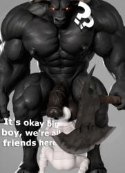 3d 3d_(artwork) abs alternate_version_at_source anonymous_male anthro anthro_on_human anthro_on_male ball_worship balls_fondling before_sex bovid bull chest chest_hair cock_worship english_text equine_penis flaccid gay glowing_eyes half-erect hdregrets hooves horns horsecock huge_cock large_balls large_penis large_testicles male_only masculine minotaur monster muscular muscular_anthro muscular_male pecs penis_worship size_difference testicle_grab testicle_sucking testicles text yaoi