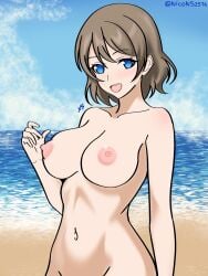 blue_eyes breasts brown_hair female large_breasts looking_at_viewer love_live! love_live!_sunshine!! navel nipples simple_background solo stomach watanabe_you