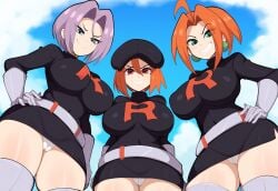 3girls ai_generated curvy evil from_below frown grin large_breasts looking_at_viewer mullon novelai orange_hair panties pokemon pokemon_frlg red_hair team_rocket team_rocket_grunt team_rocket_grunt_(female) team_rocket_uniform trio wide_hips