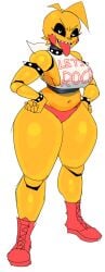 1girls avian beakless big_breasts boots bracelet breasts cheeks chica_(fnaf) chubby collar feather_hair five_nights_at_freddy&#039;s five_nights_at_freddy&#039;s_2 hand_on_hip hands_on_hips heart-shaped_pupils navel ngoolahan open_mouth panties pink_panties redesign robot robot_girl sharp_teeth sideboob spiked_armband spiked_bracelet spiked_collar thick_thighs thighs tongue tongue_out toy_chica_(fnaf) yellow_feathers