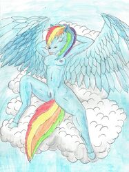 2017 anthro athletic breasts clitoris cloud equine feathers female friendship_is_magic fur furry horse lying mammal my_little_pony nude nyghtmar3 pegasus pony pussy rainbow_dash_(mlp) relaxing seductive showing small_breasts smile solo straight_hair traditional_media_(artwork) watercolor_(artwork) wings