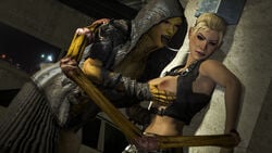 2016 2girls 3d 4k 5_fingers absurdres areolae arthropod big_breasts black_eyes black_lips black_lipstick blonde_hair blush breast_grab breasts brown_eyes cassie_cage d'vorah eyebrows eyelashes hair hands hood human lips monster_girl mortal_kombat mortal_kombat_x multiple_girls netherrealm_studios nipples open_clothes shiny shiny_skin source_filmmaker stomach teeth tongue tongue_out xentho yuri