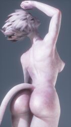 1girls back_view feathers female furry haendeciss humanoid looking_at_viewer nude nude_female one_hand_up pink_body pink_skin six_fingers standing tail tall_female trenshyva unfinished white_skin