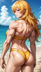 ai_generated ass beach biceps bikini bikini_bottom bikini_top blonde_hair glutes grin looking_at_viewer looking_back muscular muscular_arms muscular_back muscular_female muscular_thighs outdoors outside purple_eyes rwby smile smiling_at_viewer yang_xiao_long