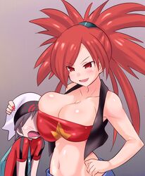 1boy 1girls anime_style assertive assertive_female breasts brendan_(pokemon) brendan_(pokemon_oras) cleavage clothed female flannery_(pokemon) flannery_(pokemon_oras) gym_leader hand_on_head huge_breasts human human_only konno_tohiro male nintendo pokemon pokemon_oras red_eyes red_hair smaller_male straight voluptuous