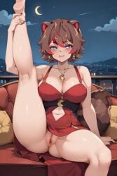 1girls ai_generated animal_ears balcony big_breasts blue_eyes blush breasts brown_hair exposed_pussy indoors kemonomimi latam_virtual_youtuber looking_at_viewer multicolored_hair night no_panties open_legs pussy raccoon_ears raccoon_girl rakkun red_hair short_hair solo_female tagme thighs tupadrev4 virtual_youtuber vtuber