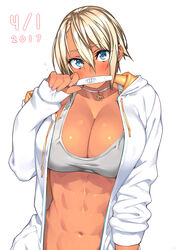 2017 abs april_fools blonde_hair blue_eyes blush breasts cleavage clothing dark-skinned_female dark_skin female hoodie jacket large_breasts muscular_female open_clothes open_hoodie open_jacket original pregnancy_test sela_(sela_god) sela_god short_hair solo sports_bra sweatdrop