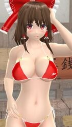 1girls 2024 3d adult_female belly_button bikini blush breasts brown_hair_female clavicle cleavage hand_on_head hand_on_hip hati_yukkuri_mmd hips human jpeg light-skinned_female looking_at_viewer mmd one_arm_up open_mouth outdoors red_bikini red_eyes red_ribbon reimu_hakurei short_hair_female shrine shrine_maiden shy solo_female solo_focus swimsuit touhou waist