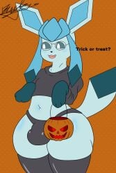 2:3 absurd_res blackyumbreon bulge clothing eeveelution eyewear femboy feral generation_4_pokemon glaceon glasses halloween hi_res holidays leather male nintendo pokemon pokemon_(species) solo