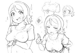 blush breasts croptop female love_live! love_live!_sunshine!! multiple_views nipples short_hair sketch solo watanabe_you wavy_hair