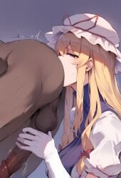 ai_generated blonde_hair dark-skinned_male handjob interracial rimjob rimming touhou yukari_yakumo