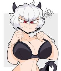 1girls angry bra covering_breasts demon demon_girl demon_horns demon_tail female helltaker huge_breasts light-skinned_female malina malina_(helltaker) naked red_eyes tail white_hair