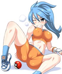 1girls anime_style ass battle_girl_(pokemon) battle_girl_(pokemon_oras) belly bike_shorts blue_hair blush breasts clenched_teeth clothed female female_only femsub grey_eyes heavy_breathing huge_ass huge_breasts human human_only konno_tohiro long_hair navel nintendo npc_trainer poke_ball pokemon pokemon_oras pokemon_rse ponytail shoes shorts skintight sneakers solo spread_legs sweat tank_top thick_thighs voluptuous wide_hips