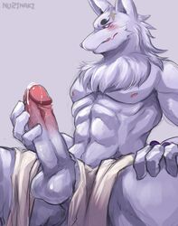 anthro balls big_muscles canine censored erection fox gingitsune gintaro male male_only mammal muscular muscular_male nurinaki penis penis_grab precum simple_background solo