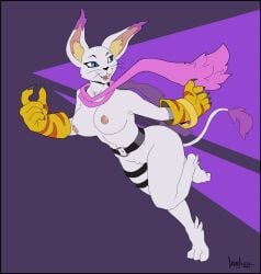 2023 5_fingers absurd_res angewomon anthro anthro_only areola bandai_namco blue_eyes breasts clothing digimon digimon_(species) featureless_crotch female fingers full-length_portrait fur gatomon gloves greasymojo handwear hi_res hybrid legband neogatomon_(rintherat) nipples open_mouth portrait purple_body purple_fur ribbons scarf signature solo thighband whiskers white_body white_fur