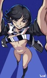 1girls black_hair breasts derpixon female_pubic_hair hi_res long_socks looking_at_viewer navel open_shirt original pubic_hair short_hair simple_background small_breasts smile solo villen_(derpixon) watermark