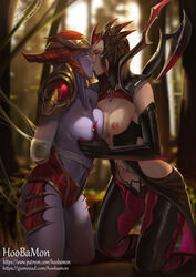 2girls areolae armor bdsm belly blush bondage breasts elbow_gloves elise_kythera_zaavan female female_only functionally_nude gauntlets gloves helmet high_resolution hips hoobamon horns kissing kneeling large_breasts league_of_legends legs long_hair multiple_girls navel nipples purple_hair purple_skin questionable_consent restrained shyvana sideboob thighs yuri