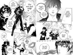 1girls 2boys aranea_highwind comic daydream dialogue english_text female final_fantasy final_fantasy_xv freckles happy jealous jealous_male kiss kiss_mark kiss_mark_on_face lipstick_mark lipstick_mark_on_face male male/female noctis_lucis_caelum prompto_argentum