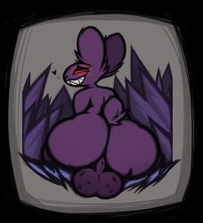 1boy anthro ass balls big_ass big_butt corrupt_bunny_(terraria) femboy fur genitals heart_symbol hi_res huge_ass lagomorph leporid looking_back male mammal purple_body purple_fur rabbit rear_view red_eyes scut_tail sharp_teeth short_tail smile solo tail teeth terraria thfooxxir