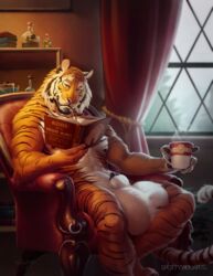 2017 animal_genitalia anthro balls big_balls black_fur book bottle brown_fur cup curtains english_text feline fur huge_balls inside male male_only mammal nude orange_fur partran partran_(character) partran_(tiger) penis reading sheath signature sitting solo spottyjaguar text tiger white_fur window