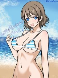 blue_eyes breasts brown_hair female large_breasts looking_at_viewer love_live! love_live!_sunshine!! navel simple_background solo stomach watanabe_you