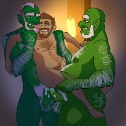 anal anal_sex balls beard body_hair boner double_penetration erection facial_hair gay interspecies male male_only nude orc orc_male penis sex size_difference terratauren yaoi